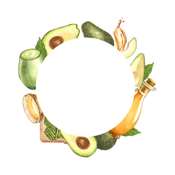 水彩圆框，熟鳄梨和油在玻璃碗。手绘插图孤立在白色背景。完善的食品菜单，食品图纸，设计包装，健康饮食理念图片下载