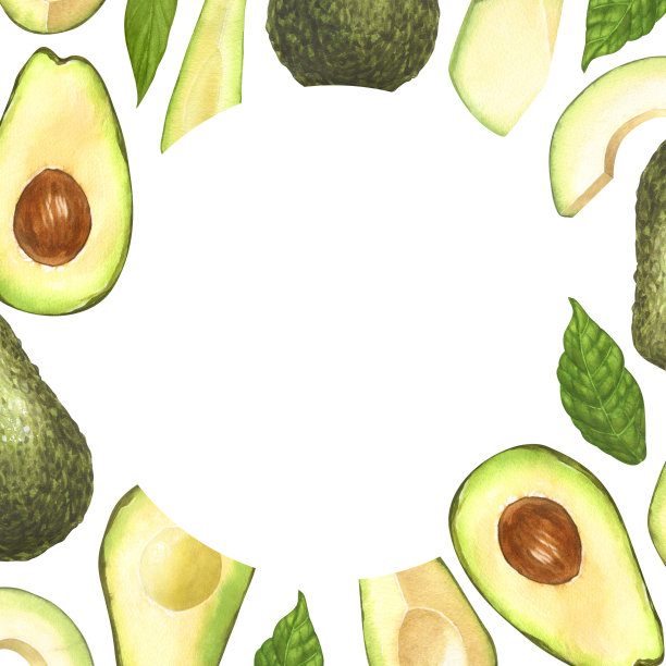 水彩框架，成熟的鳄梨和半鳄梨。手绘插图孤立在白色背景。完美的概念菜品菜单，菜品绘图，设计包装，健康饮食图片下载