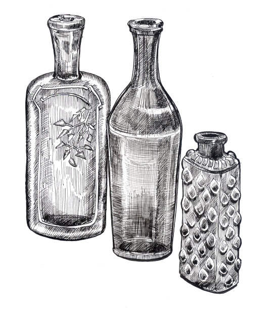 墨水笔。绘画是装饰瓶的饮料在一个白色的背景图片下载