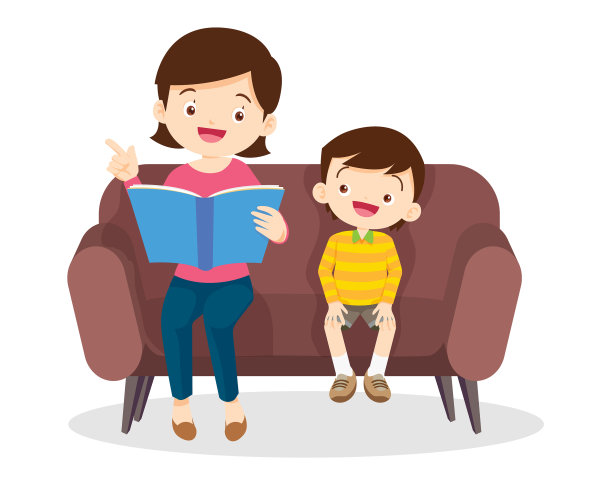 女人和男孩在看书图片下载
