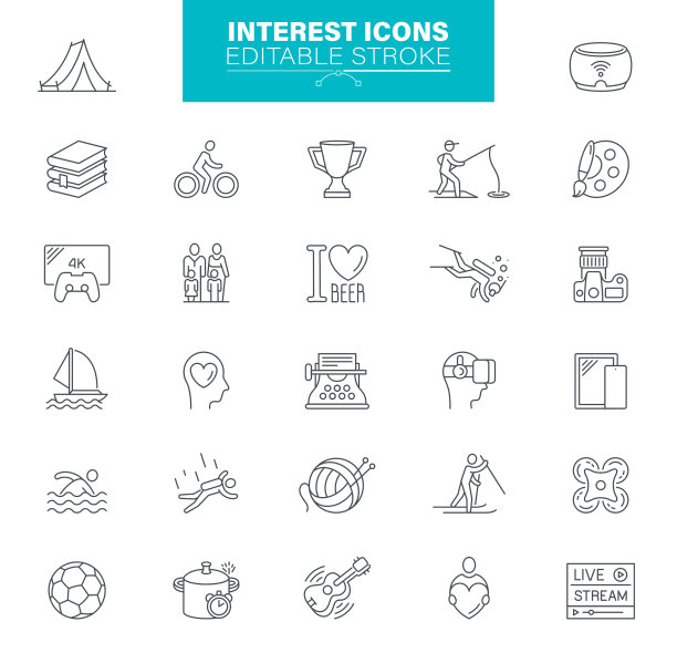 兴趣图标可编辑的描边。爱好，阅读，游戏，摄影，烹饪，钓鱼图片下载
