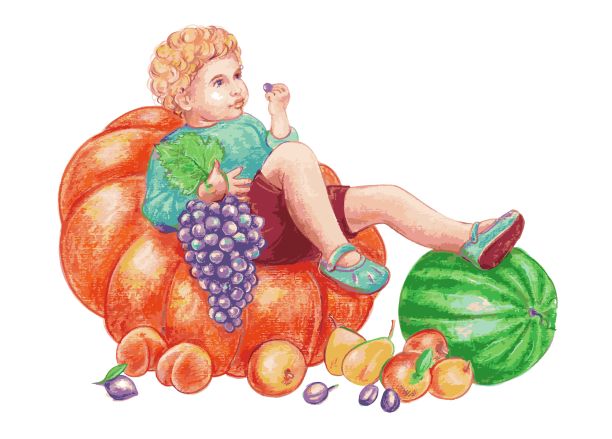 水彩插图。孩子坐在南瓜上吃着收获的果实。八月。图片下载