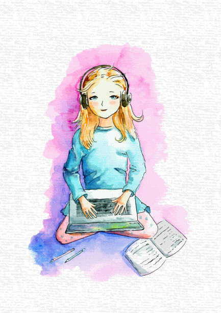 女学生用笔记本电脑远程学习和听音乐图片下载