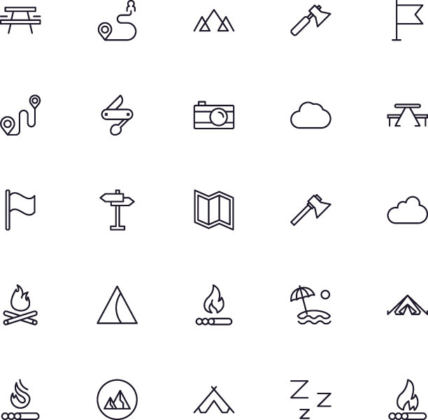 旅游图标集。网页设计、UI设计、手机app等户外活动标识集合放松轮廓图标。露营黑色象形文字在白底。图片下载