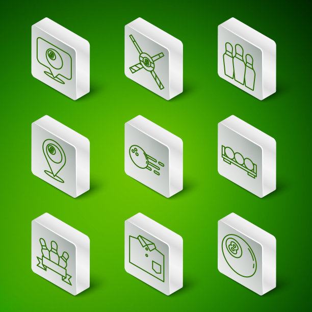 设置线台球，保龄球衫，位置与台球，交叉的线索和，针和球站图标。向量图片下载