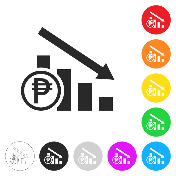 比索汇率下降图表。彩色按钮上的图标图片下载