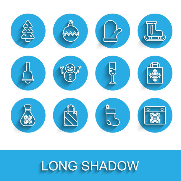 设定线圣诞老人袋礼物，圣诞节购物，树，长袜，日历，雪人，和香槟图标的玻璃杯。向量图片下载