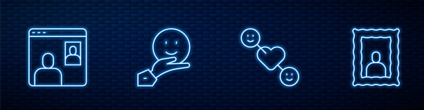 设定线浪漫的关系，视频聊天会议，快乐的友谊日和相框。砖墙上发光的霓虹灯图标。向量图片下载