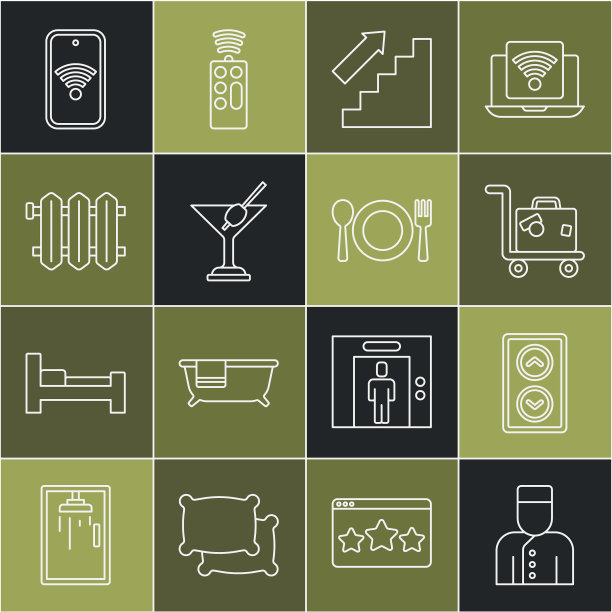 设置礼宾服务，电梯，行李箱，楼梯，马提尼玻璃，加热散热器，带wi-fi无线和盘子，叉子和刀子图标的手机。向量图片下载
