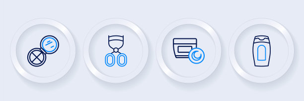 瓶装洗发水，面霜或乳液，化妆管，睫毛夹和化妆粉与镜子图标。向量图片下载