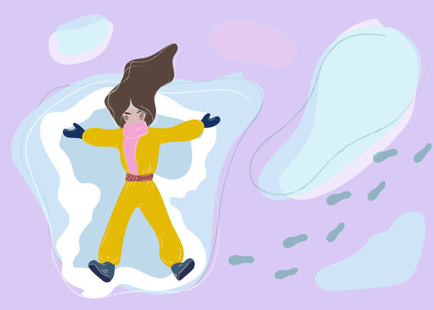 年轻活泼的黑发女孩在外面的雪地里做雪天使图片下载