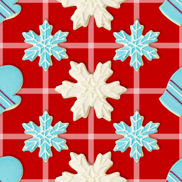 手套，蓝色和白色雪花:圣诞饼干重复图案背景墙纸图片下载