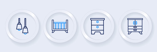 设置线抽屉柜，家具床头柜，婴儿床摇篮床和图书馆书架图标。向量图片下载