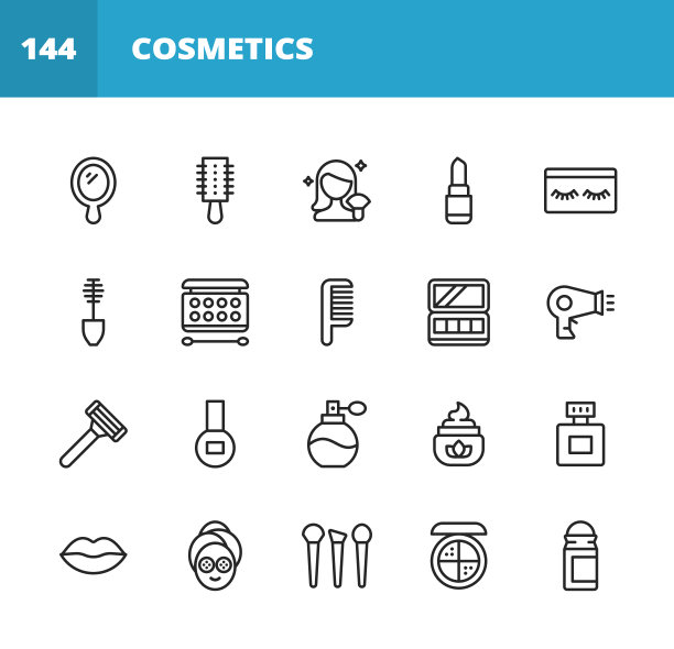 化妆品行图标。可编辑的中风。像素完美。移动和网络。包含如化妆品，美容，化妆，洗发水，美发沙龙，身体护理，卫生，时尚，指甲，理发师，香水，口红，眉毛等图标。图片下载