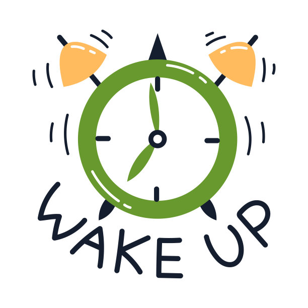 矢量贴纸与闹钟和唤醒文本。早上好，最后期限概念。闹钟响了。图片下载