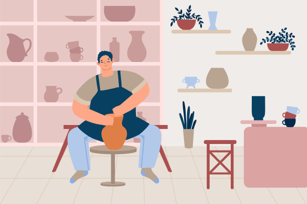 陶艺爱好者，陶瓷工艺大师。性格开朗的男性在制作粘土花瓶。手工陶瓷，创意爱好图片下载