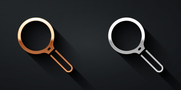 金色和银色放大镜图标孤立的黑色背景。搜索，聚焦，缩放，商业符号。长影式。向量图片下载