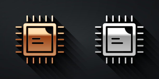 金色和银色计算机处理器与微电路CPU图标隔离在黑色背景。带电路板的芯片或cpu。微处理器。长影式。向量图片下载