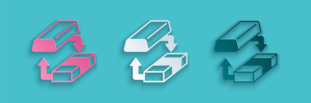 剪纸黄金交换钱图标孤立的蓝色背景。货币兑换商。纸艺风格。向量图片下载