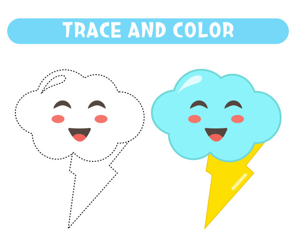 痕迹和颜色可爱的小云与闪电。儿童练习册图片下载