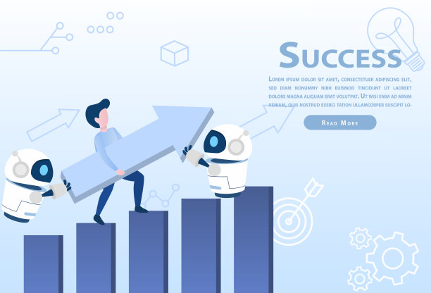 人和机器人拿着箭头向上。成功的概念。图片下载