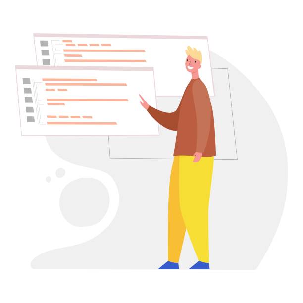 在计算机上进行网页开发的程序员。php, python, javascript等语言的脚本编码和编程的概念。软件开发人员。平面卡通插画设计图片下载