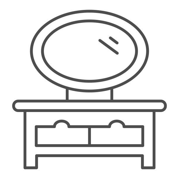 梳妆台细线图标，室内设计概念，床头柜与镜子标志上的白色背景，镜子上的路沿石图标在轮廓风格为移动概念。矢量图形。图片下载