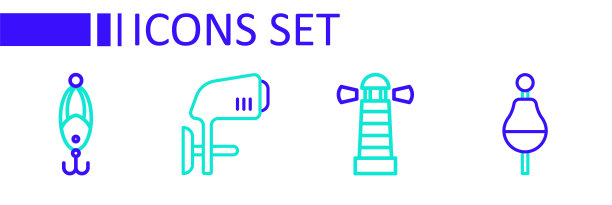 设置钓鱼浮标，灯塔，舷外船马达和诱饵图标。向量图片下载