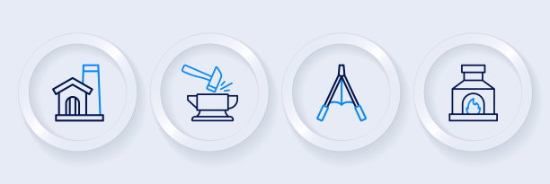 设置线铁匠烤箱，鼓风机波纹管，铁砧和锤子和铁匠车间内部图标。向量图片下载