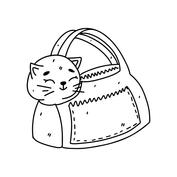 猫在提包里。手绘涂鸦风格。矢量插图隔离在白色。着色页面。图片下载