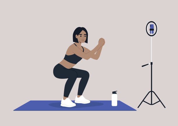 一个年轻的白人女性角色在做深蹲，一个在线健身场景，运动服图片下载