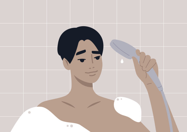 突然的关闭让一个年轻的亚洲角色在他们每天早上洗澡的时候浑身都是肥皂泡沫，没有水流图片下载