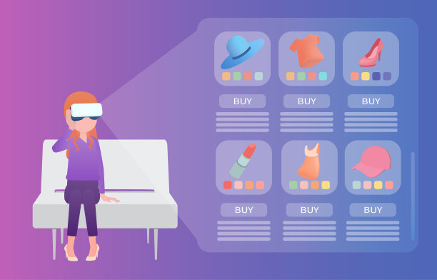 一位女士坐在沙发上，戴着VR眼镜，在虚拟世界的屏幕上体验3D产品。图片下载