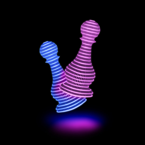 白棋和黑棋棋子低矮的多边形浮在浅蓝色的桌上。象棋学校的广告版面上有飞翔的形状。高质量照片图片下载