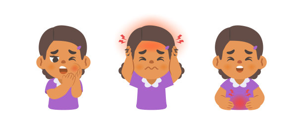 一个黑人女孩牙痛、头痛、胃痛。插图卡通人物矢量设计上的白色背景。儿童和保健概念。图片下载