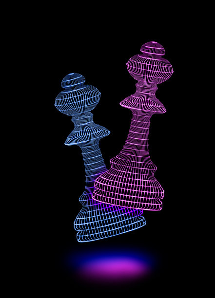 白棋和黑棋皇后低聚浮在蓝桌之上。一个国际象棋学校的广告，有飞行的形状。高质量照片图片下载