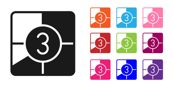 黑色老电影电影倒计时帧图标孤立的白色背景。复古电影计时器计数。设置图标彩色。向量图片下载