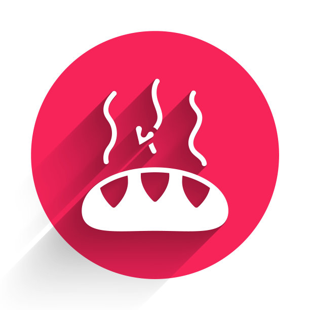 白色捐赠食物图标与长阴影背景隔离。红色圆圈按钮。向量图片下载