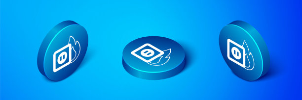 在蓝色背景隔离的消防图标插座的等距电线。电气安全理念。插头插座着火。蓝色圆圈按钮。向量图片下载