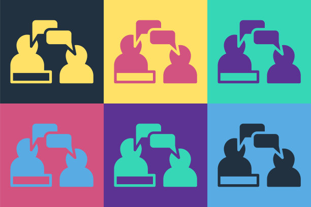 两个坐着说话的人在彩色背景上孤立的图标。语音泡泡聊天。消息图标。交流或评论聊天符号。向量图片下载