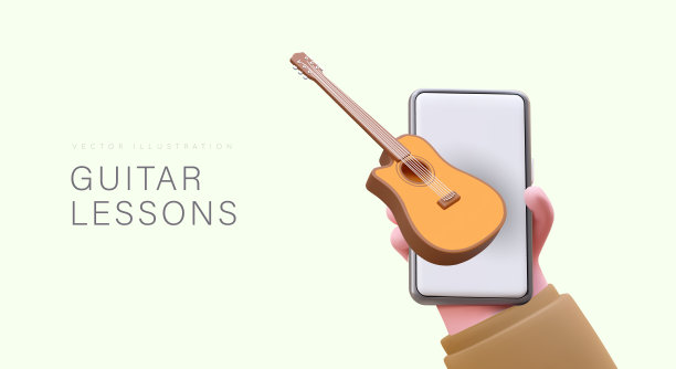 吉他课。手机应用广告模板。逼真的手持智能手机图片下载