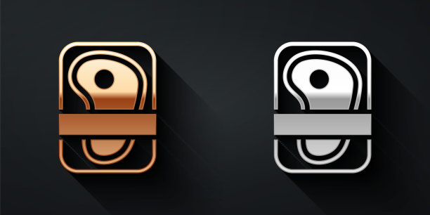 金和银肉包装牛排图标孤立的黑色背景。塑料包装的鲜肉牛排。有机产品。长影式。向量图片下载