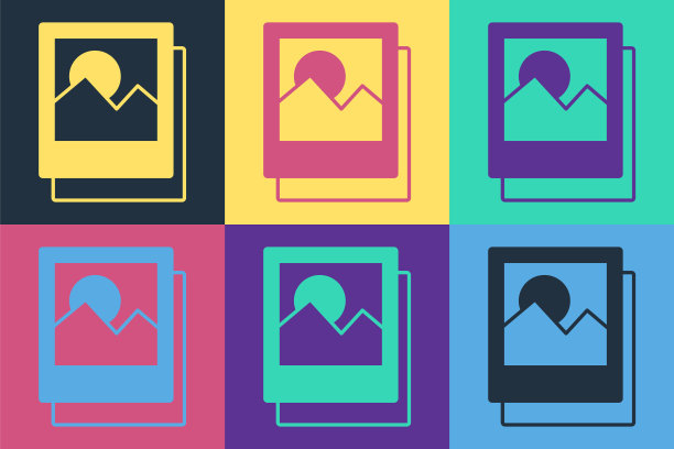 波普艺术照片图标孤立的彩色背景。向量图片下载