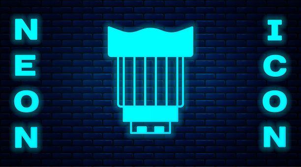 发光的霓虹灯相机照片镜头图标孤立的砖墙背景。向量图片下载