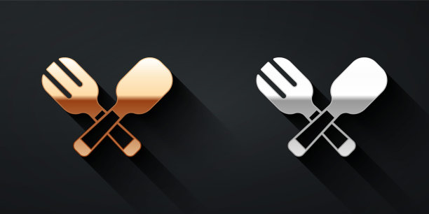 金色和银色交叉叉和勺子图标孤立的黑色背景。烹饪用具。餐具的迹象。长影式。向量图片下载