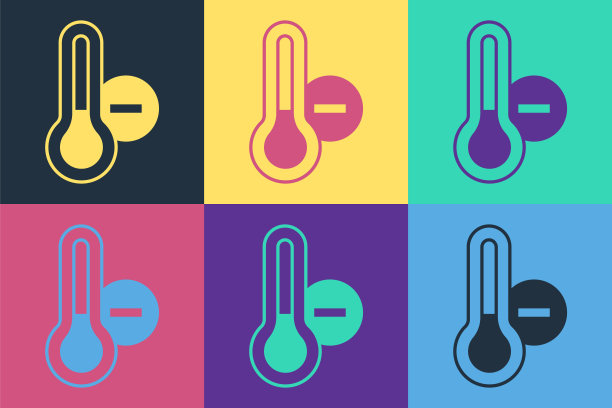 波普艺术气象温度计测量图标孤立的颜色背景。温度计设备显示热或冷的天气。向量图片下载
