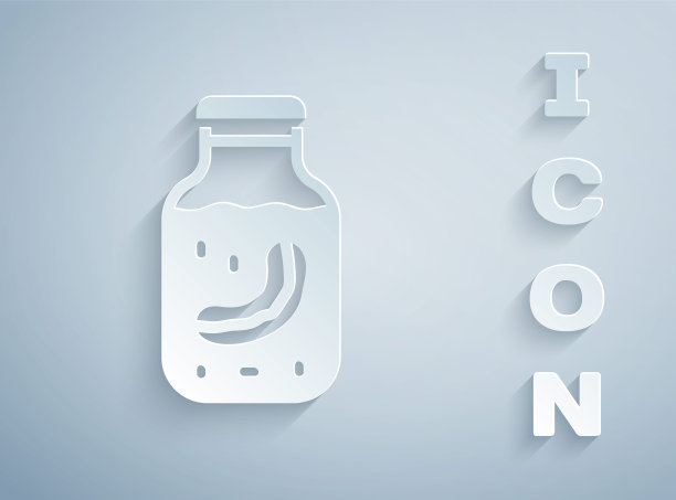 剪纸海参在罐子图标孤立的灰色背景。海洋食品。纸艺风格。向量图片下载