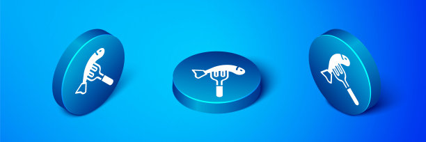 等长鱼在盘子上的图标隔离在蓝色背景。蓝色圆圈按钮。向量图片下载