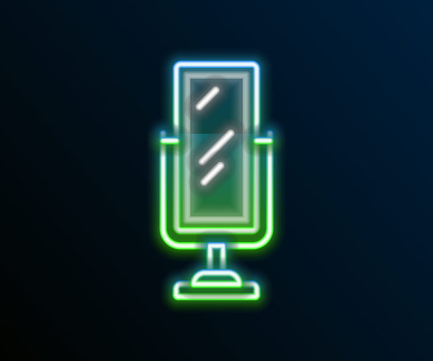 发光的霓虹线大全长镜子卧室，商店，后台图标孤立在黑色背景。色彩缤纷的轮廓概念。向量图片下载