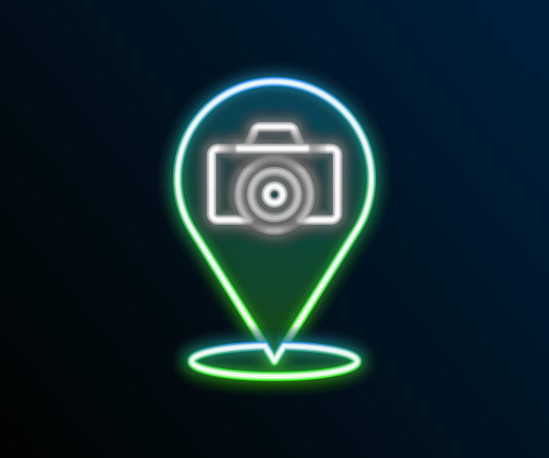 发光的霓虹灯线照片相机图标孤立的黑色背景。与相机。数码摄影。色彩缤纷的轮廓概念。向量图片下载